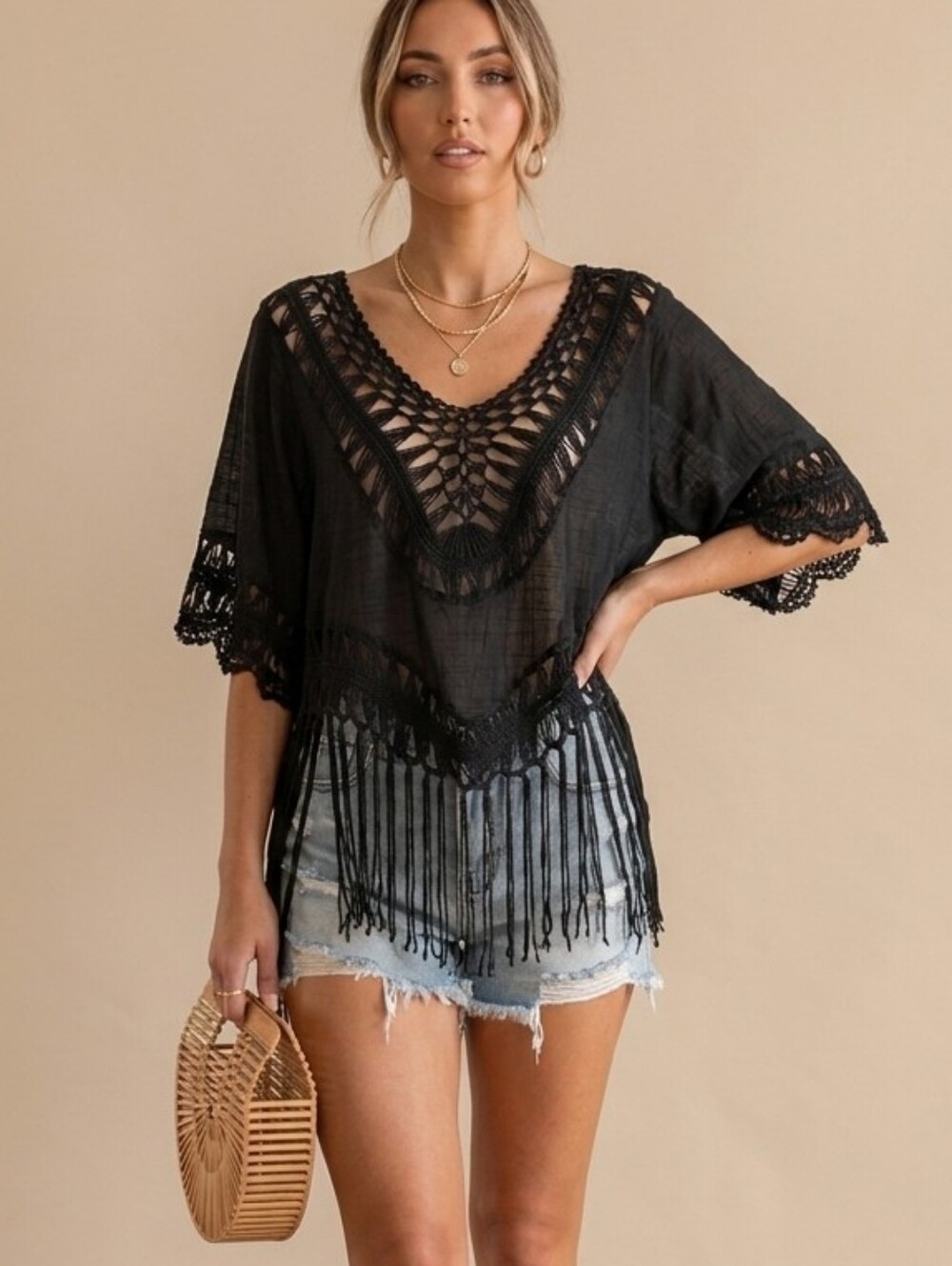 Vivid Importers of NY Black Crochet Fringe Tunic Top V-Neck Boho Coverup M